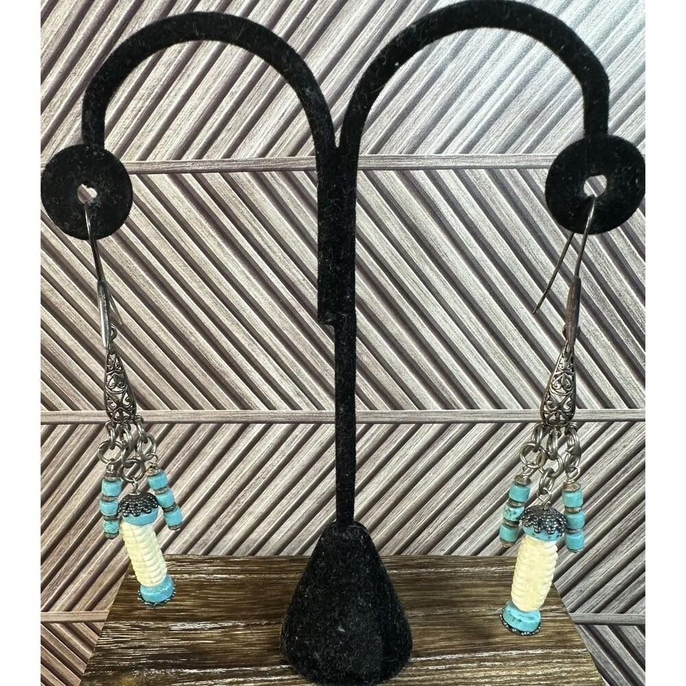 Vintage Southwest Sterling Turquoise Heshi & Carved Antler Dangle Earrings